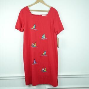 Vintage Medium Dress 90s Square Neck Nautical‎ Embroidered Boating Preppy Red
